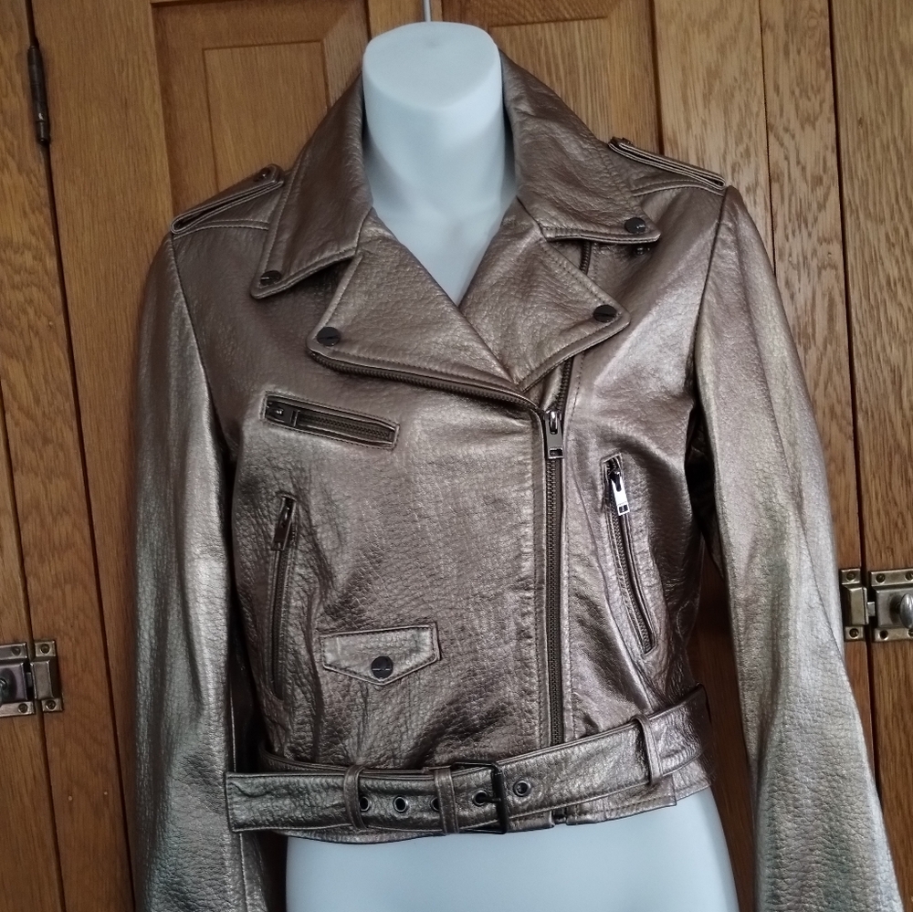 NWT Lamarque Roberto metallic gold leather belted moto jacket - Picture 2 of 15